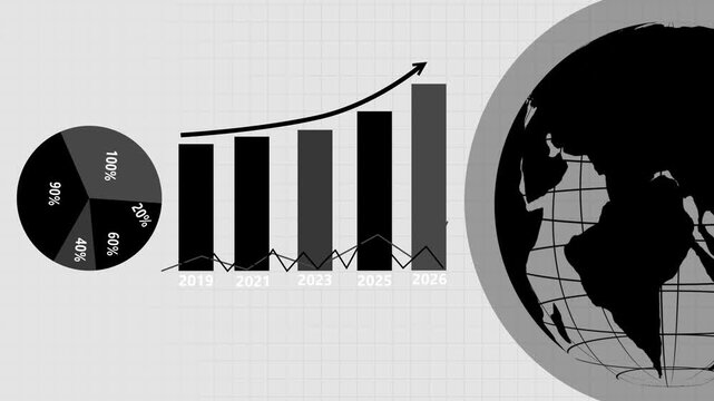 Neon business infographic with globe and charts animation, Neon-themed business infographic with pie chart, bar chart (2019-2026) and stylized magenta globe