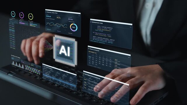 AI specialist works on a laptop. Financial analytics and team planning share an AI workspace that receives documents and other data, illustrating integration across business operations.