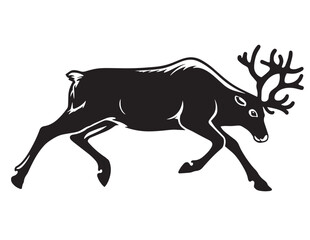 Dynamic black silhouette of a running reindeer with large antlers in a festive winter style © Prodeep