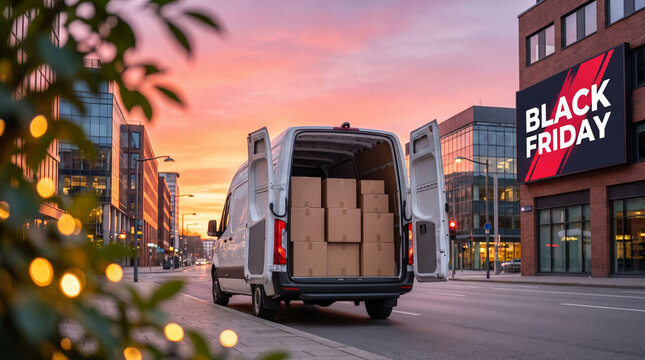 Black Friday sale with delivery van carrying cardboard box through urban street at sunset. Black friday shopping discount. special promotion offer, marketing advertising advert, banner background
