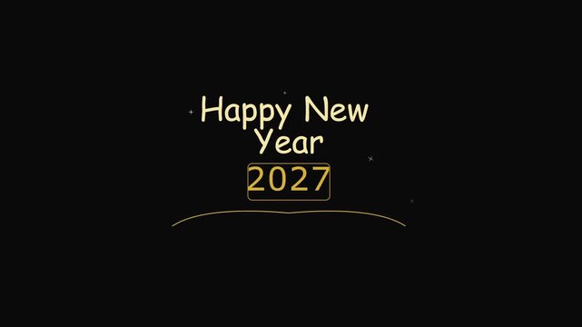 Premium seamless looping Happy New Year 2027 greeting animation. Elegant golden Pacifico script title reveals gracefully, a delicate golden curved timeline draws on, and a 2027 badge fades in with sub