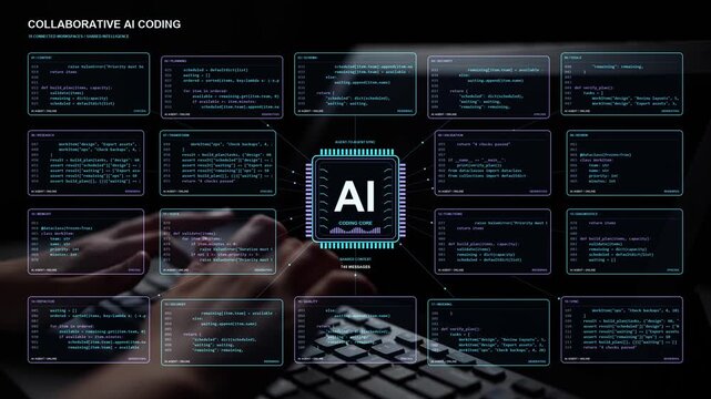 Typing continues. Agent-to-agent communication supports a coding network that combines shared memory with technical tasks, linking separate contributions to coordinated software work.