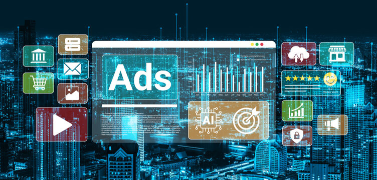Explore a vibrant digital landscape showcasing advertising strategies in a modern city. Discover the integration of technology and data analysis for effective online marketing solutions. Ledger