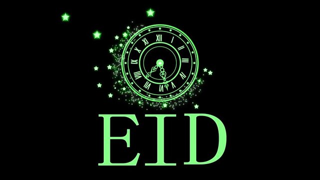 Eid clock logo animation, Clock face with roman numerals and decorative hands above large gold letters EID