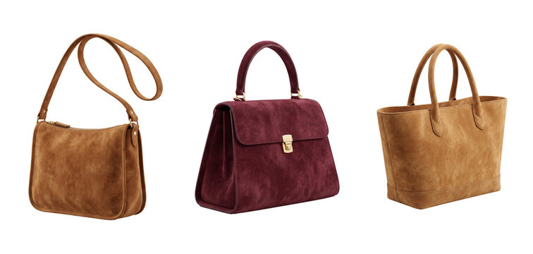 isolated fashionable suede handbags