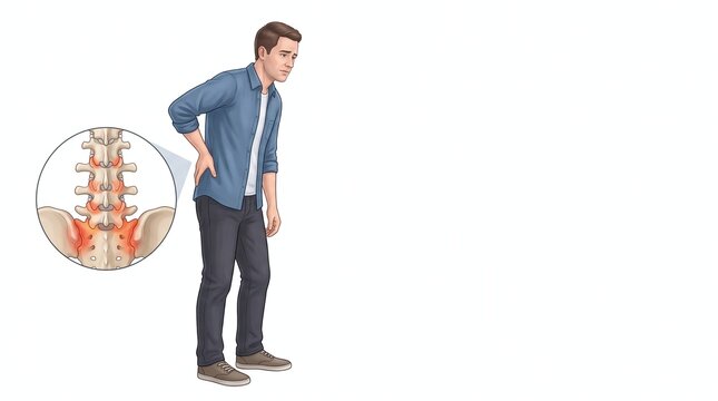 Man experiencing lower back pain with inflamed lumbar spine detail Inflammation