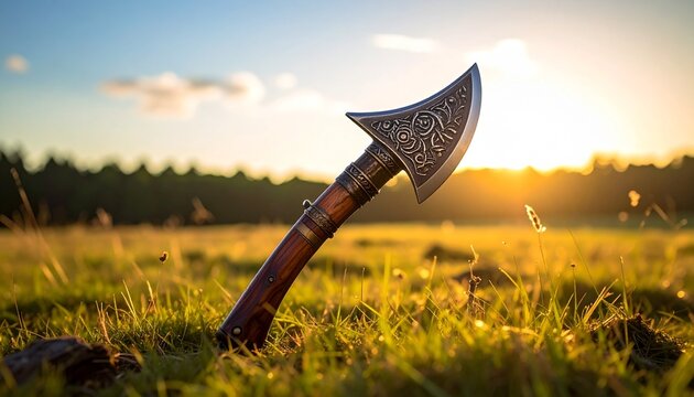 Traditional Axe Against a Sunny Countryside Landscape