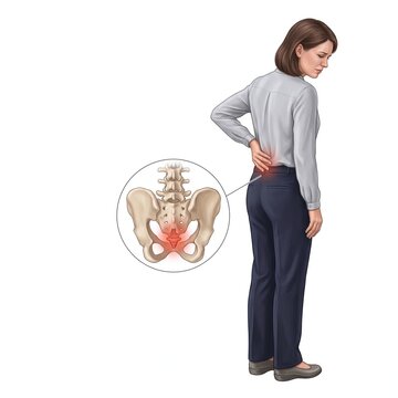 Woman experiencing lower back pain with a magnified view of painful lumbar and sacral spine