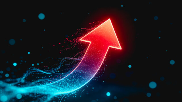 A glowing neon upward arrow made of particles symbolizes growth, progress, and digital development against a dark abstract background.