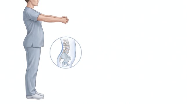 Medical illustration of a pregnant person in scrubs with a magnified view of the spine and pelvis
