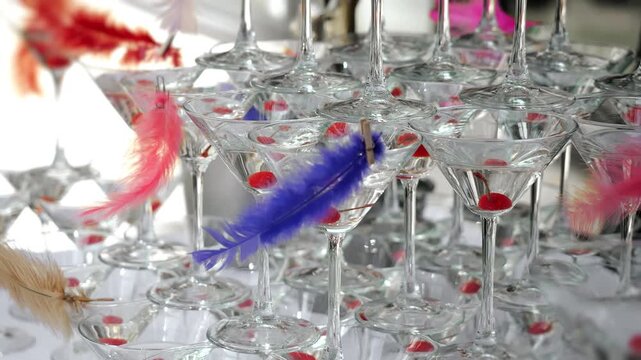 Rows of cocktail glasses with clear drinks and red cherries decorated with colorful feathers. Creative beverage presentation prepared for a party, celebration or event.