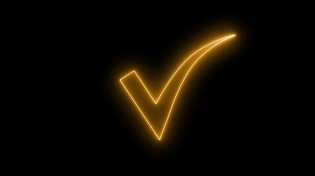 Tick mark symbol glowing neon animation on black backgroud