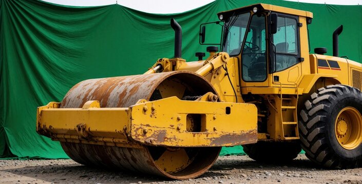 Yellow steamroller machine stands on ground. Heavy duty compactor vehicle with large roller and cab, ready for road construction work on site. Industrial equipment.