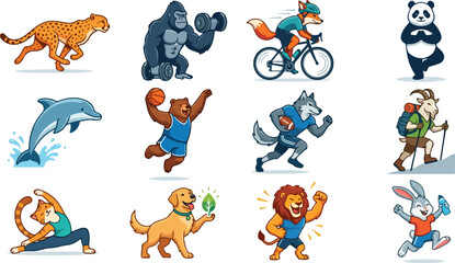 Obraz premium Fitness Mascots Bundle Vector Design, Athletic Animals Illustration, Sports Logo Set