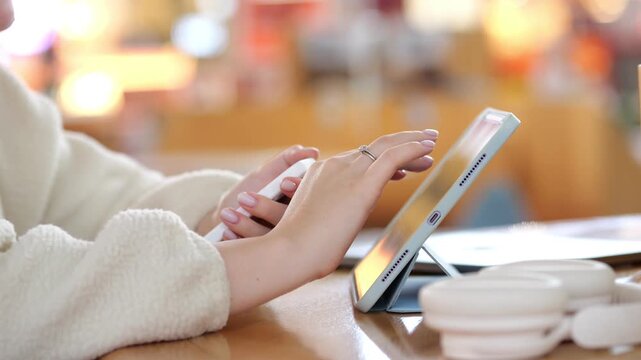 Person taps tablet at cafe table. Hands use stylus and touch screen. Background shows blurred cafe scene. Warm lighting highlights device and hands. Coffee cup and stack of plates near tablet
