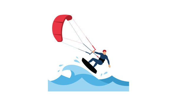 Professional surf kite athlete catching waves vector illustration