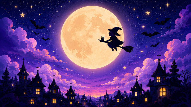 Full Moon Sky With Flying Witch and Bats