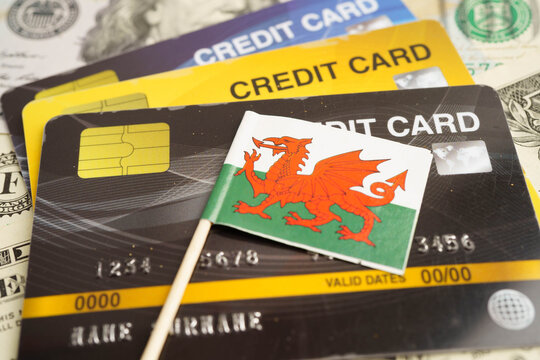 Wales flag on credit card, finance economy trading shopping online business.