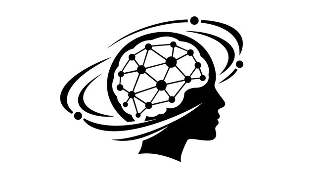 Human Profile with Connected Neural Network Brain and Orbiting Satellites Silhouette Icon for Cognitive Psychology and Digital Telepathy Concept