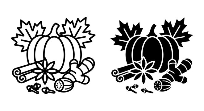 Autumn Spice Vector Icons: Pumpkin, Cinnamon, Star Anise, Ginger, Cloves, Nutmeg, Maple Leaves
