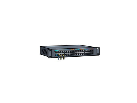 Network switch device connected with ethernet cable inside rack cabinet for telecommunication system infrastructure