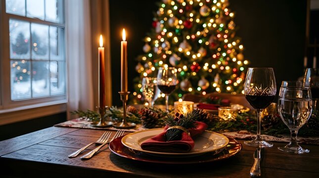 A warm and inviting christmas dinner scene with a beautifully decorated tree glowing candles and a snowy backdrop evoking feelings of joy and togetherness