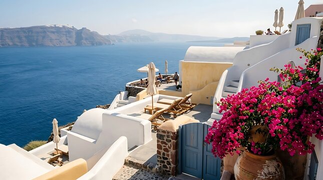 Gorgeous romantic getaway view of coastal village caldera and traditional architecture during sunny day