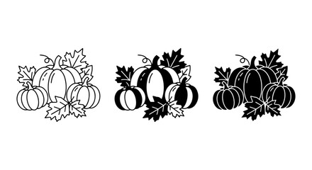 Obraz premium Autumn Harvest Pumpkins, Fall Leaves Vector Icons Set. Seasonal Vegetable Graphics Collection