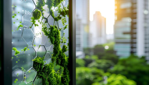 Macro detail of a futuristic smart glass window pane infused with flowing green micro-algae biological fluid