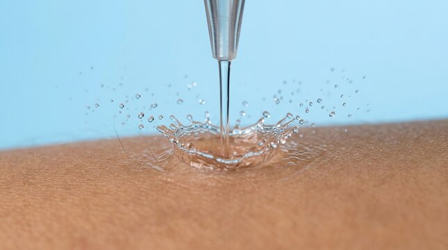 Macro photography of cosmetic serum or water drop splashing onto human skin, deep hydration and moisturizing skincare concept