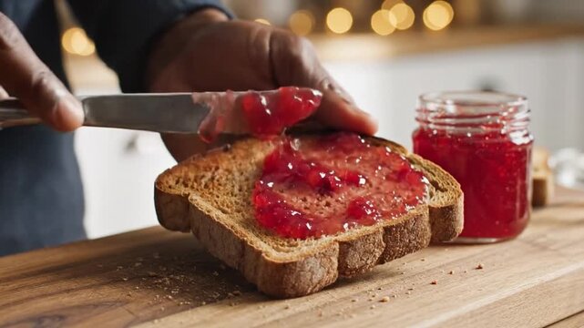 Hands smooth strawberry preserve over golden toast with knife. Homemade breakfast takes shape beside open jam jar, while warm bokeh lighting adds inviting and cheerful kitchen atmosphere.