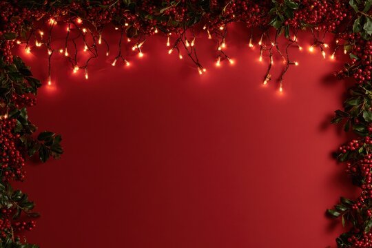 Festive red Christmas background with holly lights and copy space