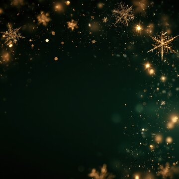 Golden snowflakes on dark green holiday background