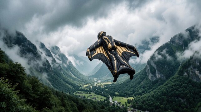 Man in futuristic wingsuit flies over misty mountains. Adventurer glides through clouds, exploring vast green valley. Extreme sport, innovation, and freedom in high-altitude flight.