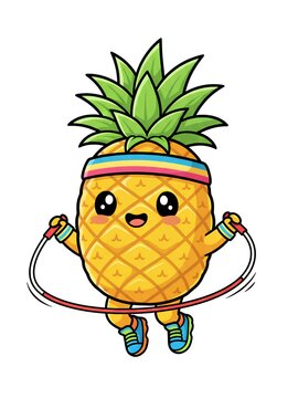 A bright and energetic vector illustration of an adorable pineapple mascot character happily skipping rope. Wearing a colorful striped headband and cute athletic sneakers, this charming cartoon