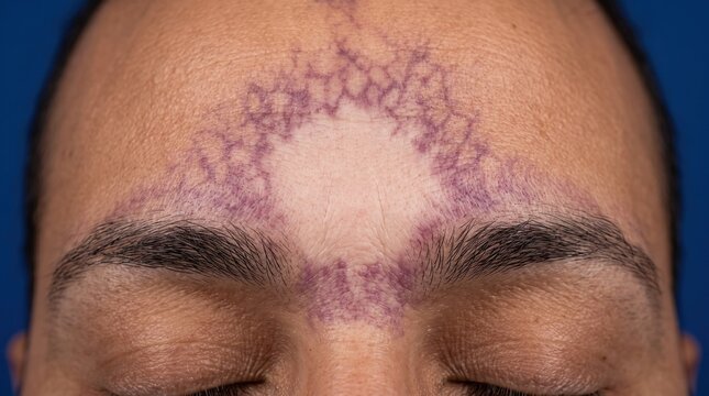 Close up of port-wine stain birthmark, vascular malformation or telangiectasia condition on patient forehead, dermatology concept