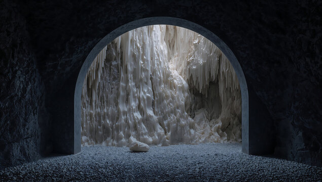 A dark stone tunnel archway leading to a bright cavernous space filled with white stalactites and stalagmites, creating a dramatic contrast