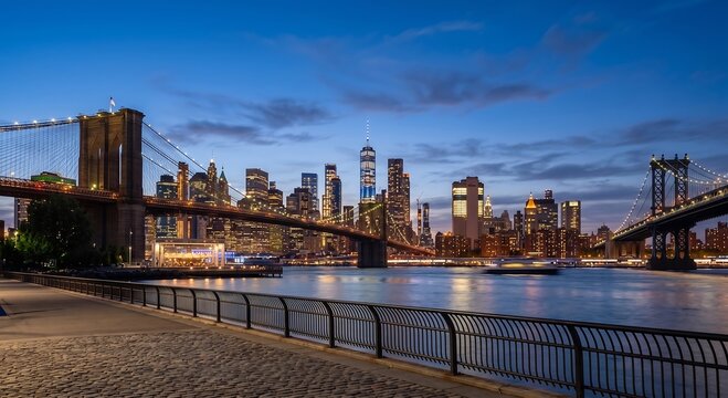 Elegant New York City skyline at twilight transitioning into night, twin memorial beams illuminating the sky, 