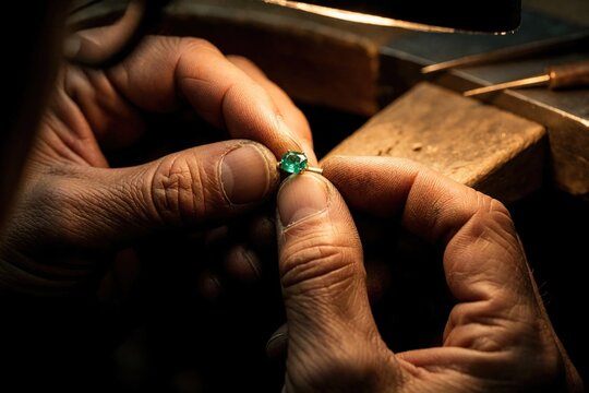 Close up of male goldsmith hands holding precious green emerald stone in gold ring setting. Professional jeweler inspects gemstone detail at workbench. Artisan craftsman works on handmade jewelry