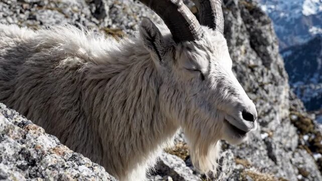 Majestic Mountain Goat with Impressive Horns Navigating Rocky Alpine Terrain