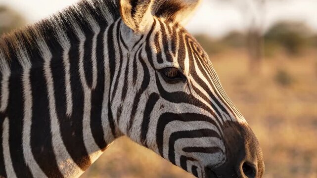 Close-up portrait of a zebra's head and neck with distinctive black and white stripes, set against a blurred savannah background during golden hour.