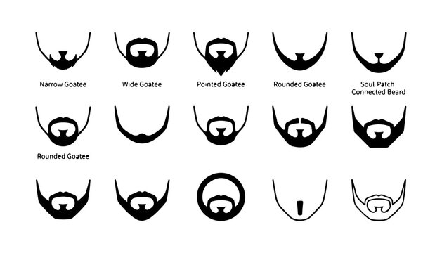 Beard Styles Set with Goatee Variations and Soul Patch Designs. Black Silhouette Icons for Grooming and Fashion Concepts