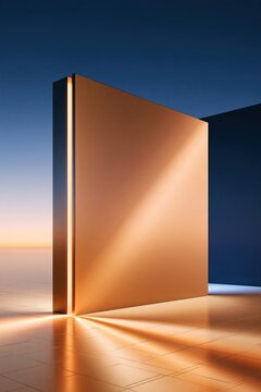 Abstract standing monolith with warm glowing edge against dark blue gradient background, matte surface and golden hour lighting casting long shadows on tiled floor