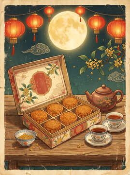 Vintage Chinese mooncake festival card, beautifully arranged traditional mooncakes inside an open decorative Chinese mooncake box beside Chinese tea