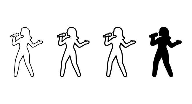 Singer Icon Set, Female Performer Silhouette, Microphone Vector Graphics, Music Performance Symbols