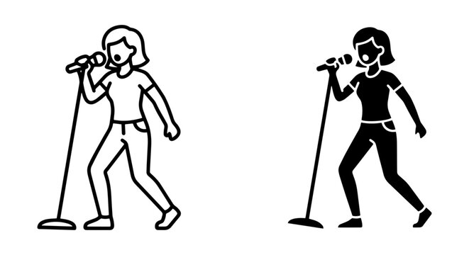 Singer Icon Set, Female Performer Vector Graphics, Music Performance Symbols, Outline and Silhouette