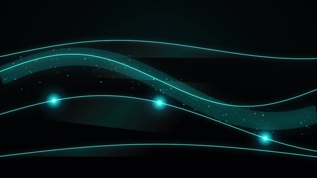 Glowing Cyan Wave Motion Background with Shimmering Particles and Pulsing Light Orbs on Dark Canvas