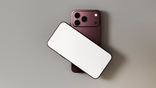 Burgundy Smartphone Mockup with Blank White Screen on Another Phone, 3d render