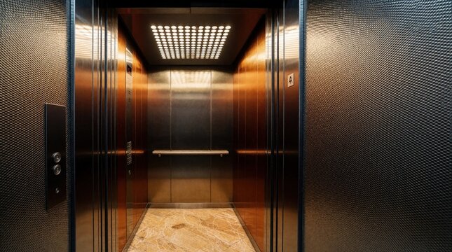 Modern elevator interior with metallic walls and bright ceiling lights. This lift features a handrail and marble floor. A view inside a transport cabin.