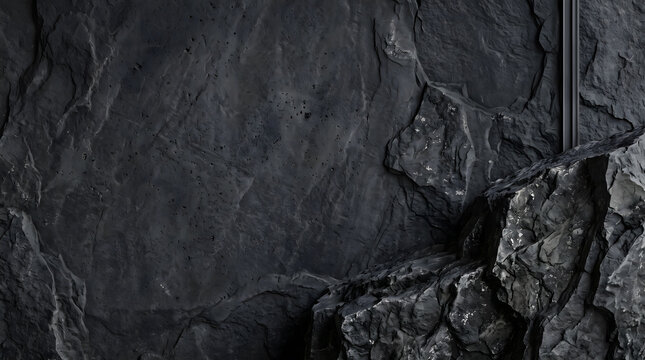 Rugged black basalt stone podium corner with jagged raw cliff face and smooth rock slab wall